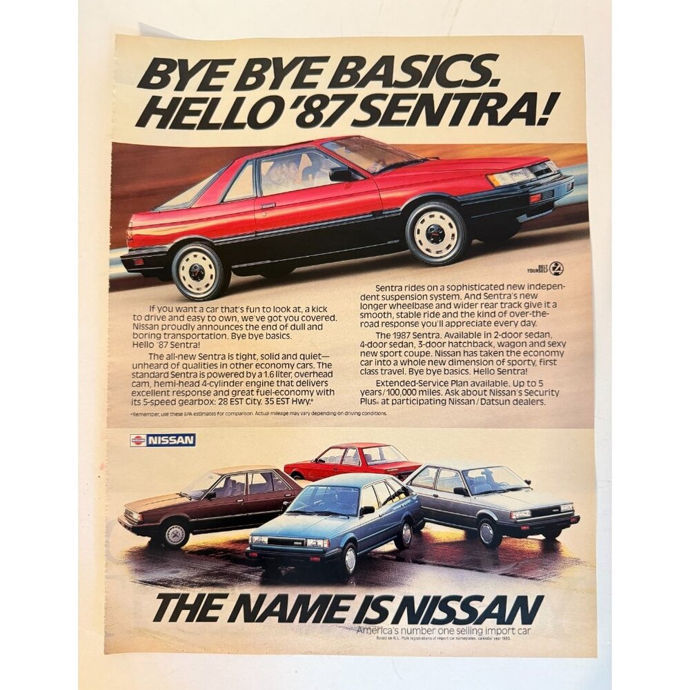 Vintage 1986 Nissan Sentra Automobile Car Advertisement Print Ad